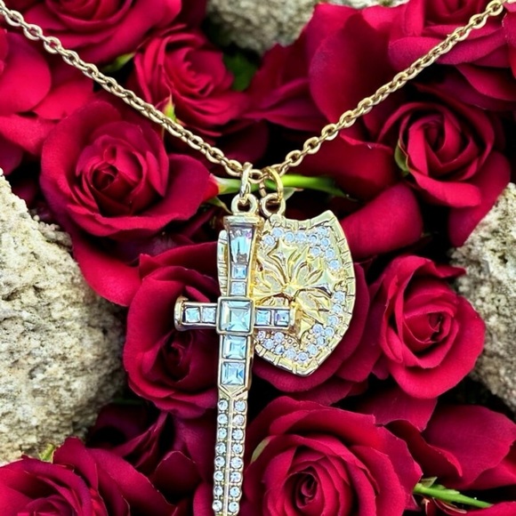 Sparkling Gold Toned Cross Sword Necklace with Shield DND Paladin - Picture 8 of 17